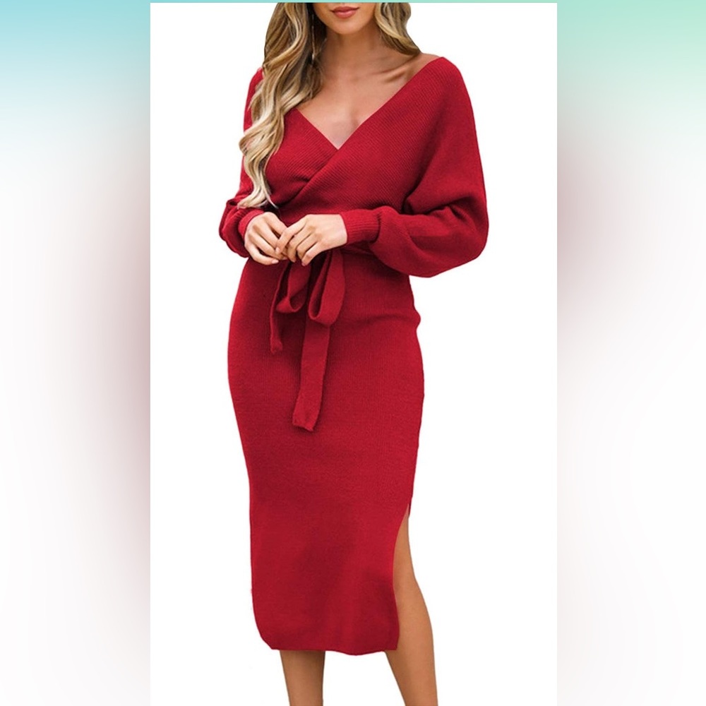 Size, red, small midi sweater dress with belt.